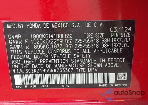 2024 Honda Hr-V 2Wd Sport/2Wd Sport W/O Bsi из США, поврежденный, VIN 3CZRZ1H55RM753367